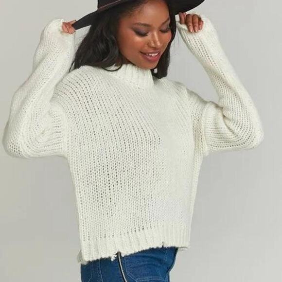 Show Me Your Mumu Cody Crop Sweater Distressed Cream Knit Women’s Medium - Picture 3 of 8